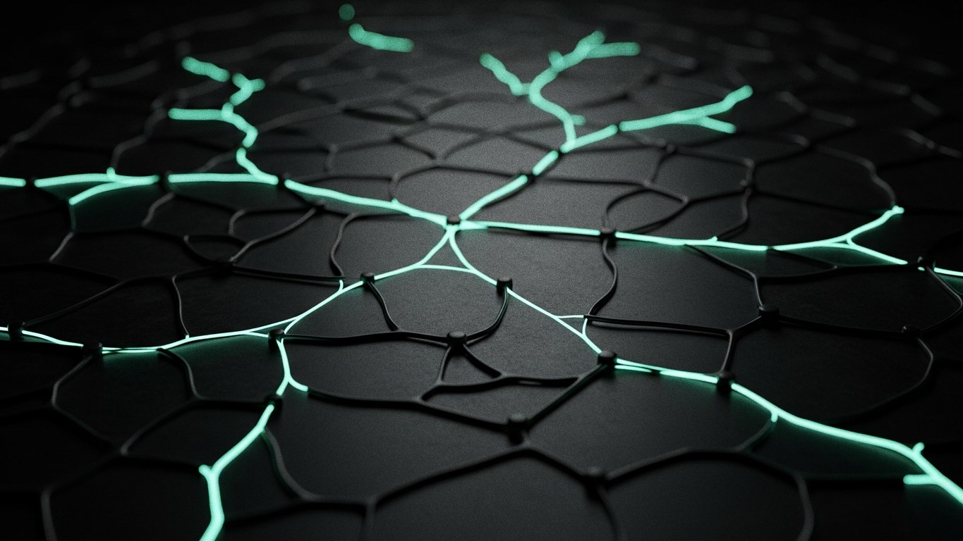 A single automation branching into a repeating grid, one green line lighting the network on a near-black field